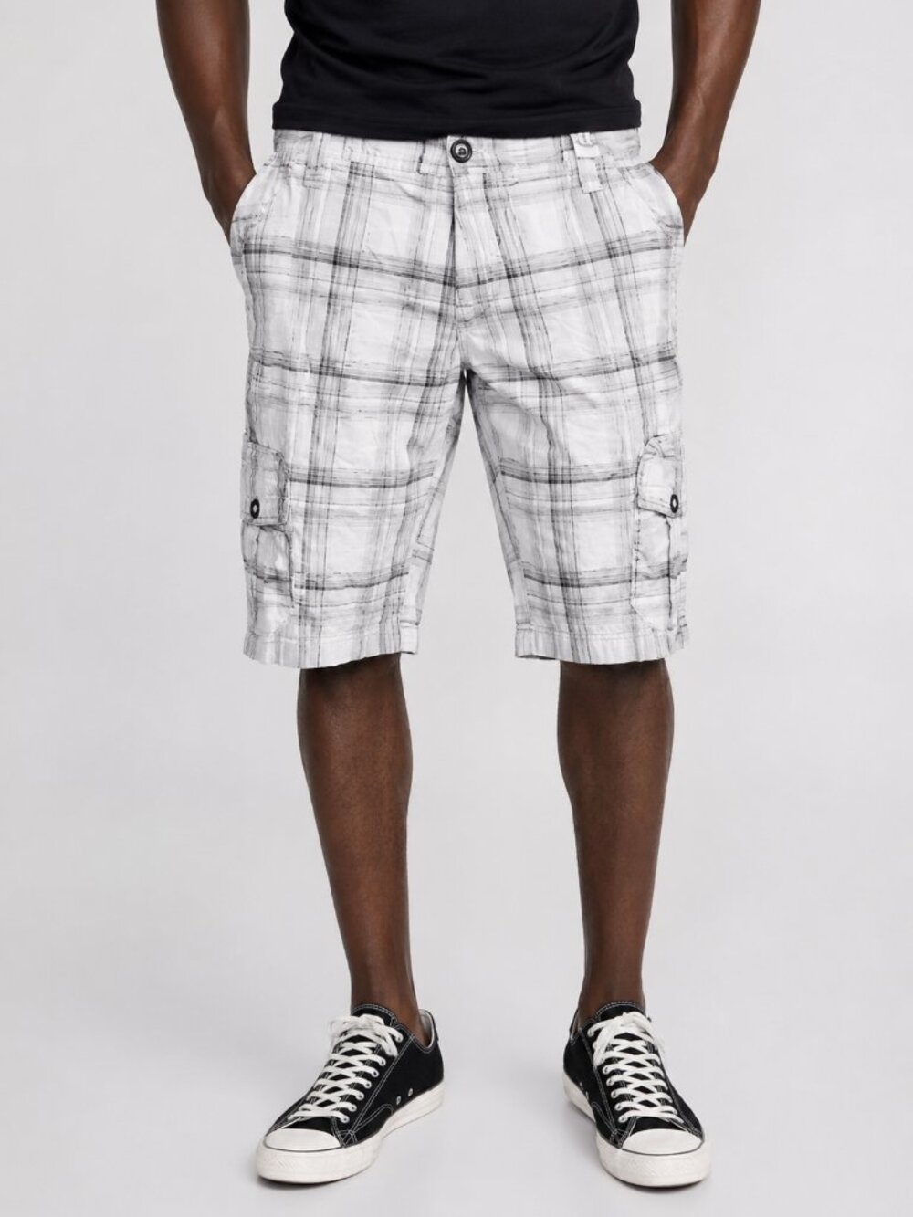 Projekt Raw Men's Plaid Cargo Shorts Size 30 White Gray Cotton Casual Utility